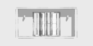 A minimalist black and white sketch depicts a window with closed shutters on a flat wall. Two small, wall-mounted lights, each casting a shadow, flanking either side of the window. The drawing is simplistic with clean, straight lines. - a room in the garden