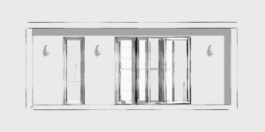 A minimalist architectural sketch depicts the back of a modern house featuring three vertical rectangular glass doors, the central one being a sliding door. Two small wall lights are placed symmetrically on both sides of the doors. The background is plain. - a room in the garden