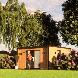 A modern wooden shed surrounded by blooming hydrangea bushes in a lush, green lawn. A person in a red top and jeans stands at the entrance, partially opening the door. Tall, leafy trees provide a scenic backdrop under a partly cloudy sky. - a room in the garden
