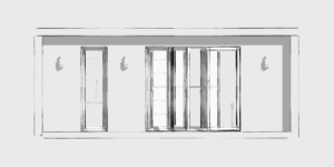 A black-and-white sketch of a modern sliding glass door with two vertical rectangular windows on either side. Wall-mounted light fixtures are situated between the central door and the windows. The overall design is minimalist and linear. - a room in the garden