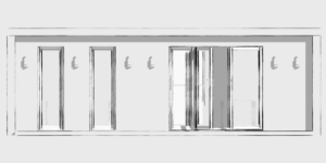 Black and white sketch of a storefront featuring three tall, narrow windows on the left and a glass double-door entrance on the right. The façade is minimalistic and modern, with clean, straight lines and simple details. - a room in the garden