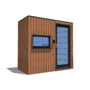 A minimalist wooden shed with vertical slats, featuring a rectangular window on the left and a full-length glass door on the right. Both the window and door have black frames. This elegant example of garden buildings is positioned against a plain white background. - a room in the garden