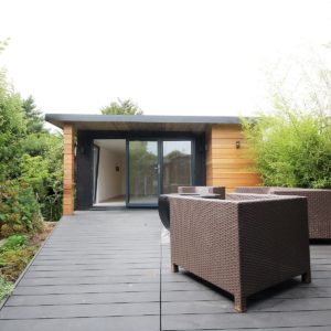 Decking area outside of designer garden room office pool house