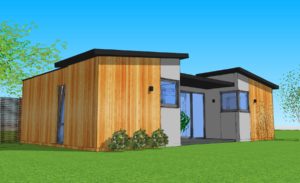 A modern, single-story house with a flat roof and exterior walls featuring a mix of wood paneling and concrete elements. Large windows and glass doors provide ample natural light. The house is surrounded by a green lawn, sparse landscaping, and garden buildings, all beneath a clear blue sky. - a room in the garden