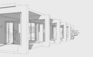 A grayscale architectural sketch depicting a row of modern, open-sided structures with large rectangular columns and open entryways. The structures are aligned in a straight line, with a small cluster of foliage in the background on the right side. - a room in the garden
