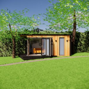 A small wooden house with large glass doors stands amidst a green lawn. The house has a minimalist, modern design and features a cozy interior with visible furnishings. Tall, leafy trees frame the structure, creating a serene and natural setting under a clear blue sky. - a room in the garden