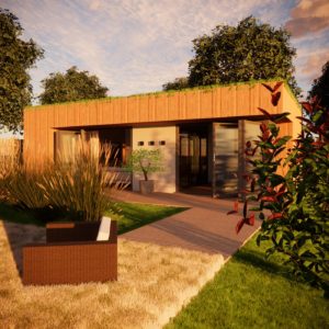 A modern, single-story wooden house with a green roof is set in a landscaped garden. The house, envisioned by a renowned garden room designer, features large glass doors and a patio with a wicker chair in the foreground. Tall grasses and shrubs surround the area, against a backdrop of trees under a partly cloudy sky. - a room in the garden
