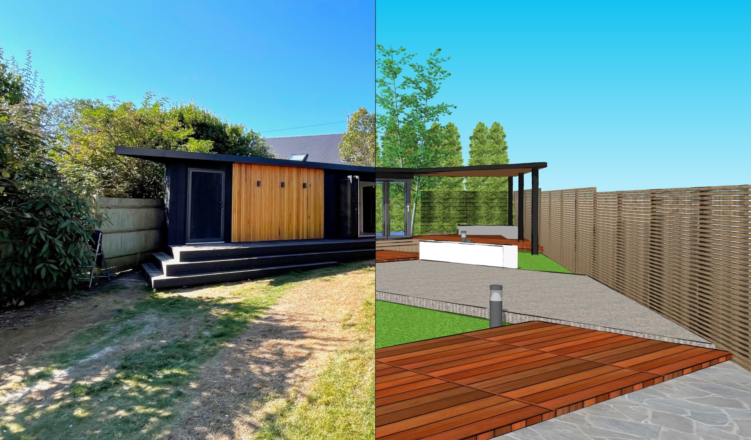 A split-view image of a backyard before and after renovation. The left side shows an unmaintained lawn and a simple wooden patio area. On the right, a digital rendering by a garden house designer depicts a modernized space with a deck, paving, greenery, and a hot tub. - a room in the garden