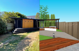 A side-by-side comparison of a backyard with a modern wooden shed. The left side shows a completed garden house with surrounding greenery under a clear sky. The right side is a digital rendering by a designer, featuring the same shed with a spacious deck, seating area, and detailed landscaping. - a room in the garden