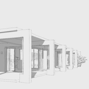 A grayscale sketch depicts a modern architectural structure with multiple open frames and large windows. The linear perspective draws the eye along the row of columns supporting overhanging roofs, suggesting a minimalist design. Small trees are visible in the background. - a room in the garden