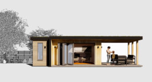 An illustration of a modern, minimalist tiny house with a wooden exterior. The house features large glass doors leading to a cozy interior with a piano. Outside, a person is holding a baby under the covered patio area with outdoor furniture. Sparse trees and garden rooms are sketched in the background. - a room in the garden
