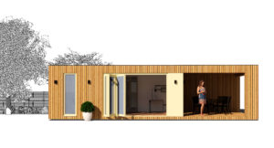 A small, modern home with wooden exterior panels, large floor-to-ceiling windows, and a potted plant outside the entrance. A woman is standing on the enclosed porch of one of the garden rooms, looking out. The home is set against a white background with a sketched tree and foliage to the left. - a room in the garden