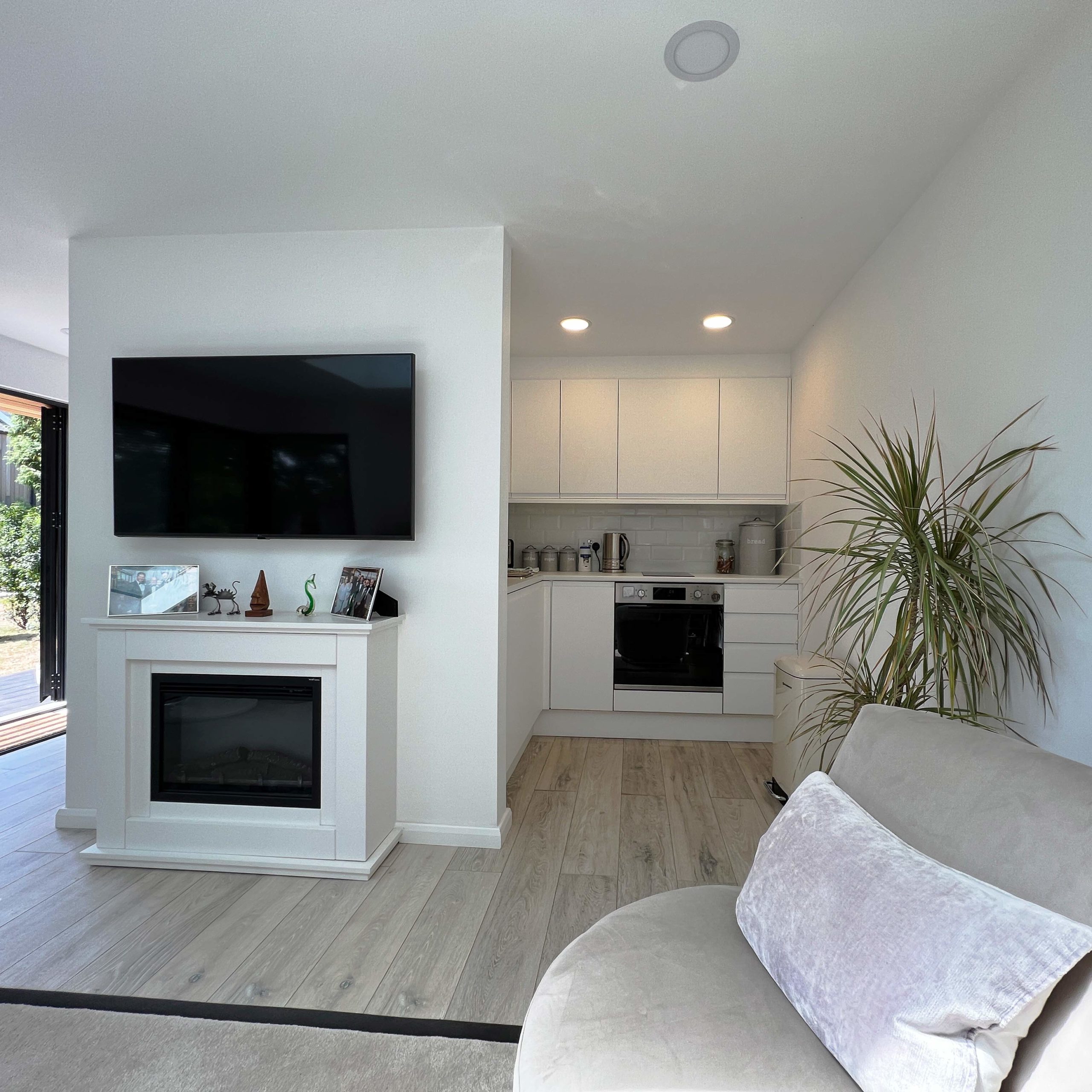 Designer mobile home living room and kitchen area