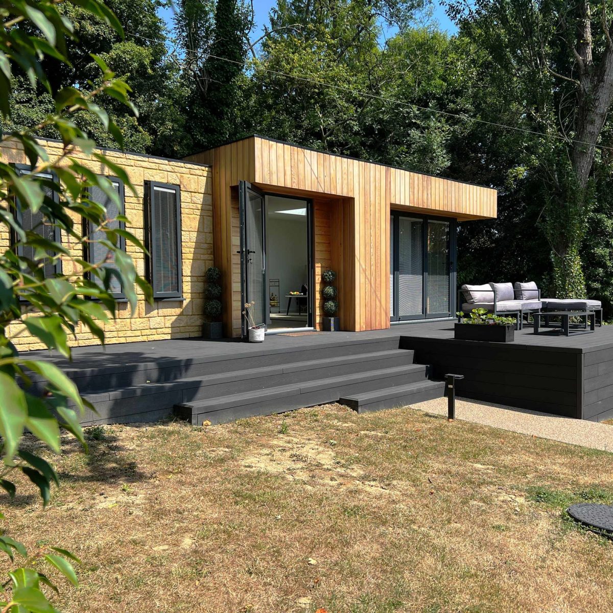 Designer mobile home with wood and stone cladding