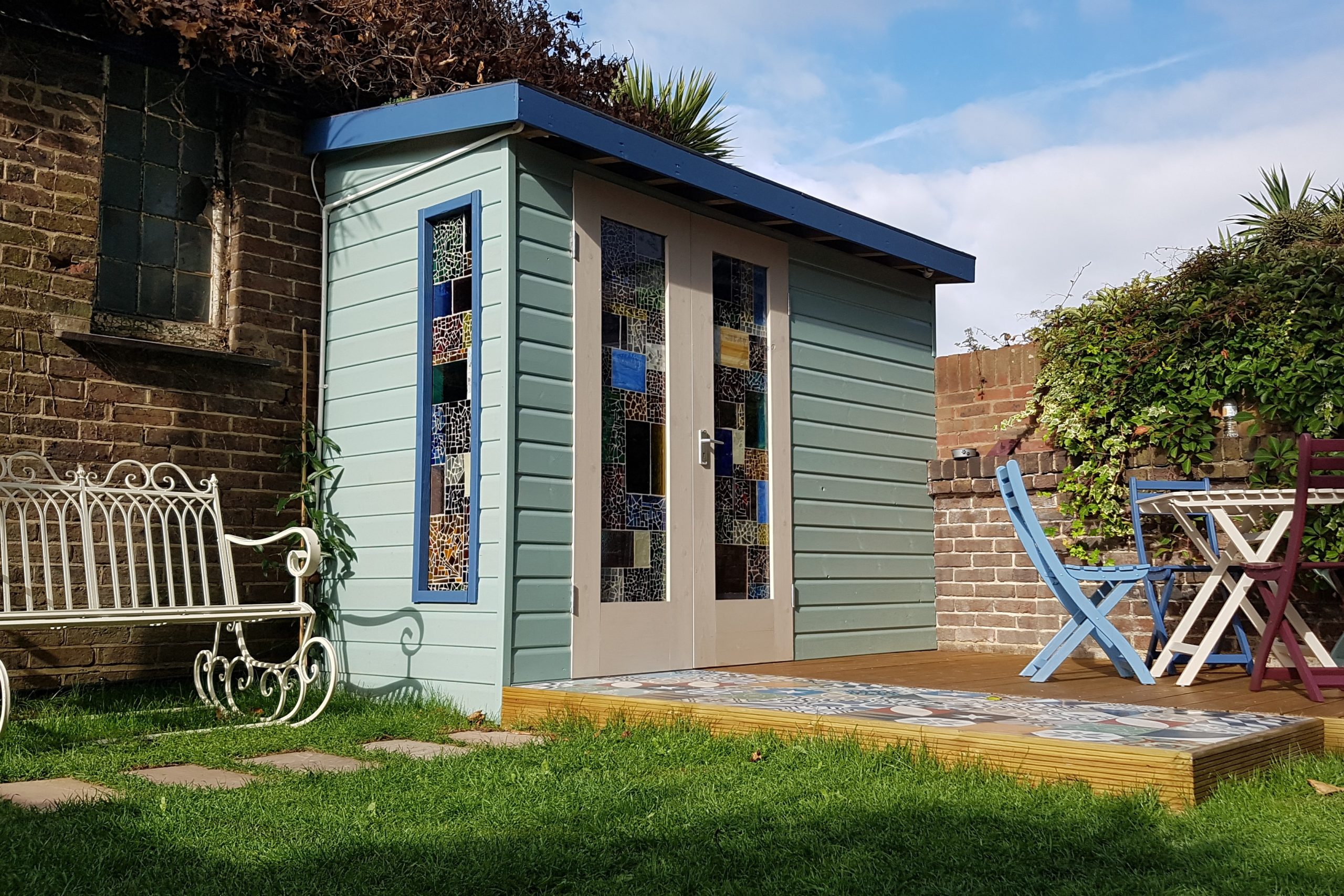 light blue garden shed