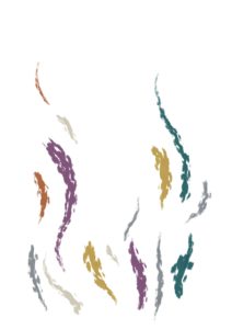 Abstract artwork features scattered, flowing brushstrokes in various colors: muted orange, purple, teal, mustard yellow, gray, and beige, set against a white background. The strokes vary in size and direction, creating a sense of movement and randomness among the diverse colour options. - a room in the garden