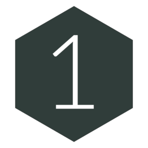 A dark hexagonal sign with a white number "1" centered in the middle. The background is solid dark gray, and the number is bold and prominent. - a room in the garden