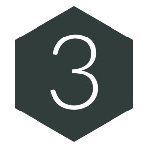 A large white number 3 is centered within a dark gray hexagon. The hexagon has six subtle dividing lines that meet at the corners, creating a slight 3D effect. The background is plain white. - a room in the garden