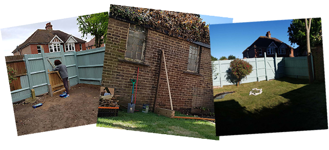 Three images illustrate the process of constructing a wooden fence in a backyard. The first image is about the start of the project with tools on the ground. The second image shows a partially built fence with equipment in use. The third image displays the finished fence in a neat yard. - a room in the garden