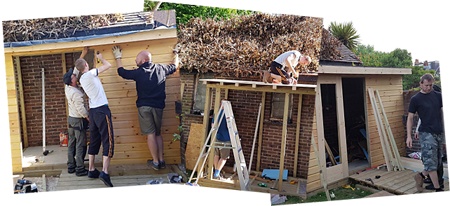 Three people are seen constructing a wooden shed. One is holding a plank while another nails it, with a third person watching. In the middle, the project shows more progress, with someone working on the roof. Lastly, about to finish, a person is sawing wood beside the mostly completed shed. - a room in the garden