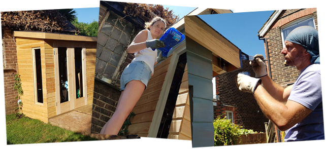 A collage of three images: one showing a small wooden shed in a garden, the middle about a woman in shorts and a tank top painting the shed, and the third with a man wearing a headscarf and gloves applying paint to the shed's trim. - a room in the garden