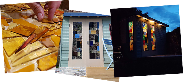 Three images side by side: a close-up of a person arranging colorful glass pieces, a daytime view of a shed with doors and windows inlaid with colorful glass pieces, and a nighttime view of the same shed illuminated, highlighting the vibrant glass windows. This series is all about the beauty of stained glass. - a room in the garden