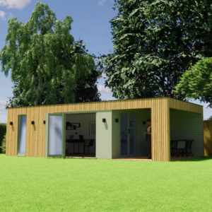 A modern, single-story tiny house with wooden cladding and large glass doors sits in a lush green garden. Tall trees surround the house, providing shade. A person is visible inside, standing near the doorway. Outdoor seating is arranged on the patio. - a room in the garden