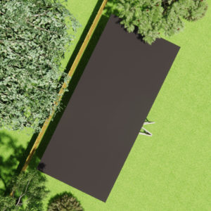 Aerial view of a large, dark rectangular shape on a green lawn surrounded by trees and shrubs. The rectangle's surface appears smooth and flat, and it's bordered by a narrow wooden fence on one side. The greenery includes various trees and bushes. - a room in the garden