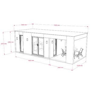 A black and white architectural drawing of a rectangular building with dimensions labeled in millimeters. It features large glass doors and windows, outdoor seating areas with chairs and tables, and interior sections visible through the glass. - a room in the garden