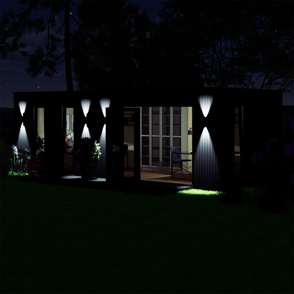 Night time visualisation of 3.0 by 7.4 garden room