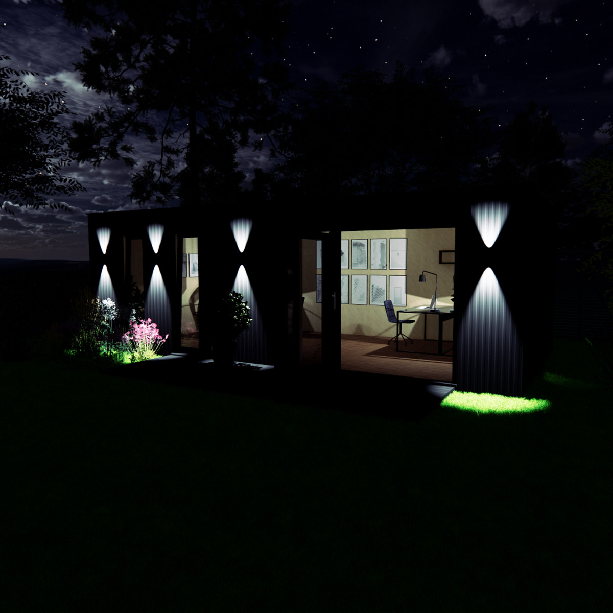 Night time visualisation of 3.6 by 7.4 garden room