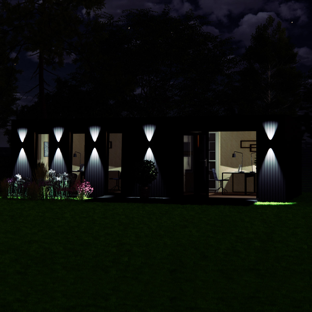 Night time visualisation of 3.6 by 8.6 garden room