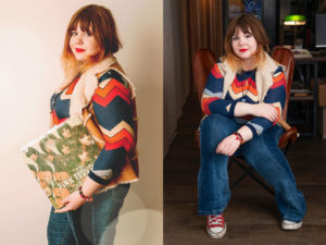Two images of the same woman. In the first, she stands holding a record with a cover featuring a band. She's wearing a colorful zigzag-patterned sweater with fur trim. About her, the vibe is retro and vibrant. In the second image, she sits on a chair in the same outfit, hands resting on her lap. - a room in the garden