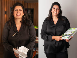 A woman with long dark hair smiles at the camera in two side-by-side photos. In the left photo, she's holding a pile of receipts with a pen clipped to her black blouse. In the right photo, she holds a garden design magazine about beautiful landscapes against a white background. - a room in the garden
