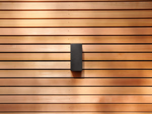 Wood cladding and external light for garden room