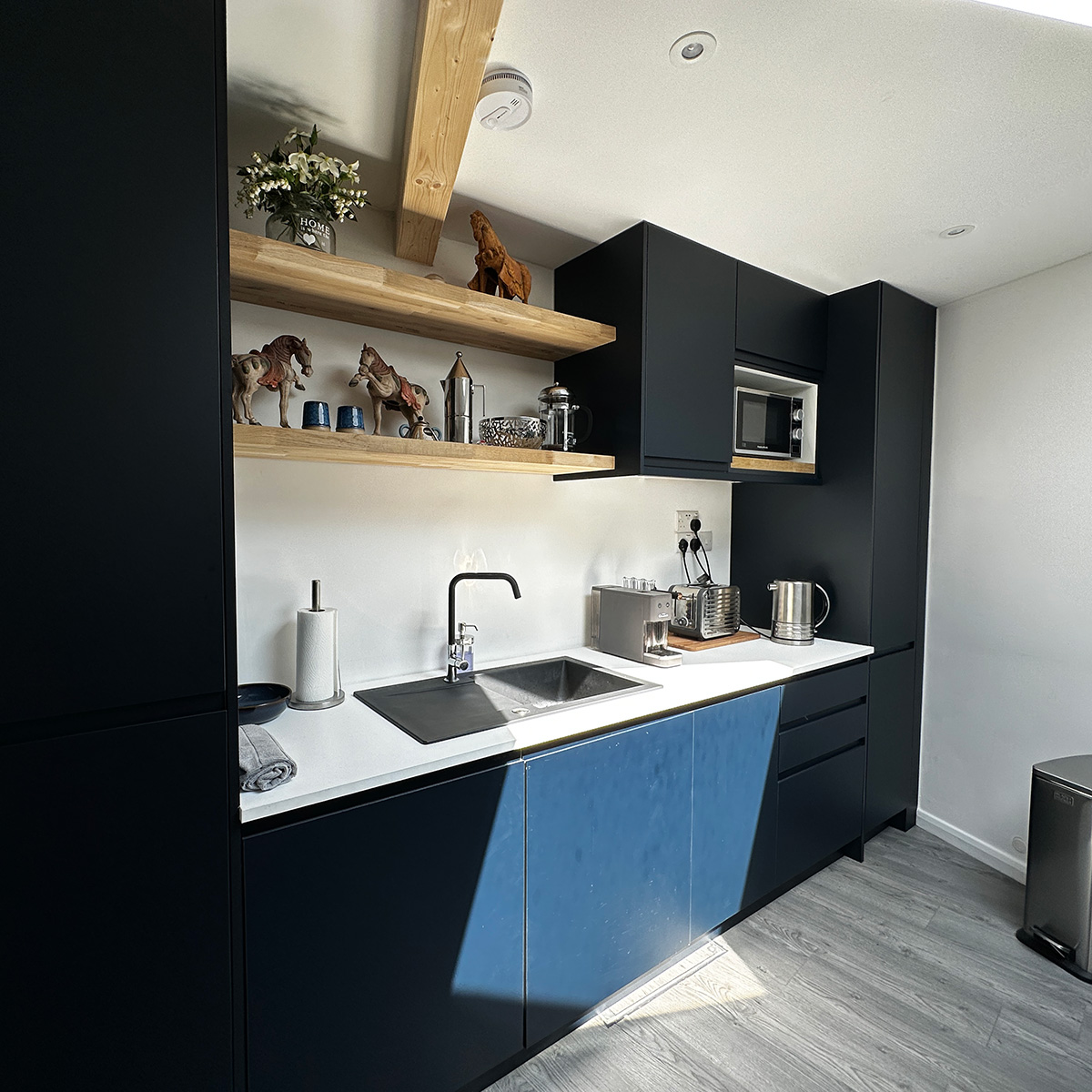 Designer kitchen area inside bespoke mobile home