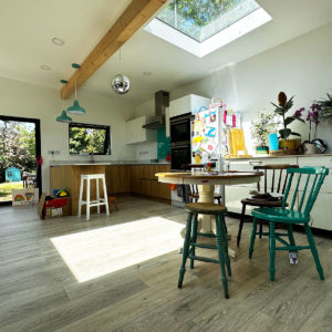 Interior of mobile home kitchen with skylight