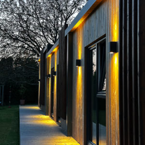 External lights and wooden cladding for mobile home