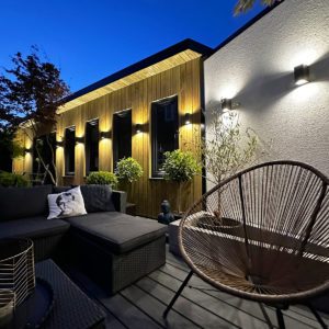 Bespoke garden mobile home with external lights