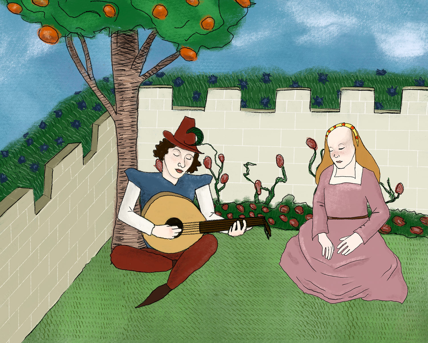 A medieval scene depicts a man in a blue tunic and brown hat playing a lute under an orange tree. A woman in a pink dress and headband sits nearby, listening. They are in one of the enchanting garden rooms, surrounded by blooming tulips, with a stone wall and blue sky above. - a room in the garden