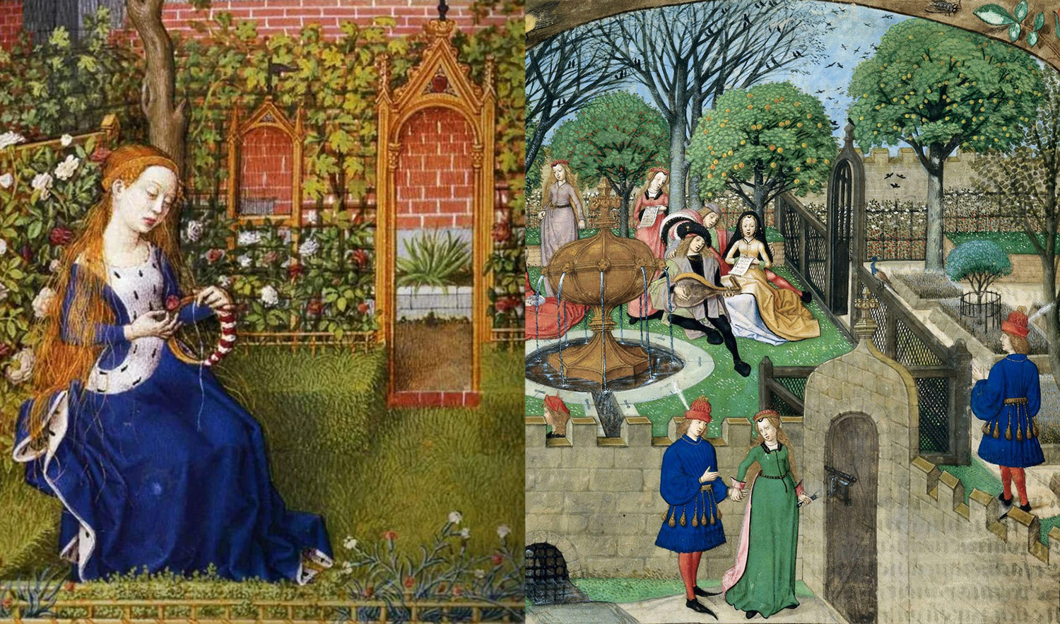 Two medieval illustrations: On the left, a woman with long hair sits in a walled garden, weaving a garland. On the right, a detailed scene depicts various figures in vibrant garden rooms, some conversing and others engaged in activities near a gate. - a room in the garden