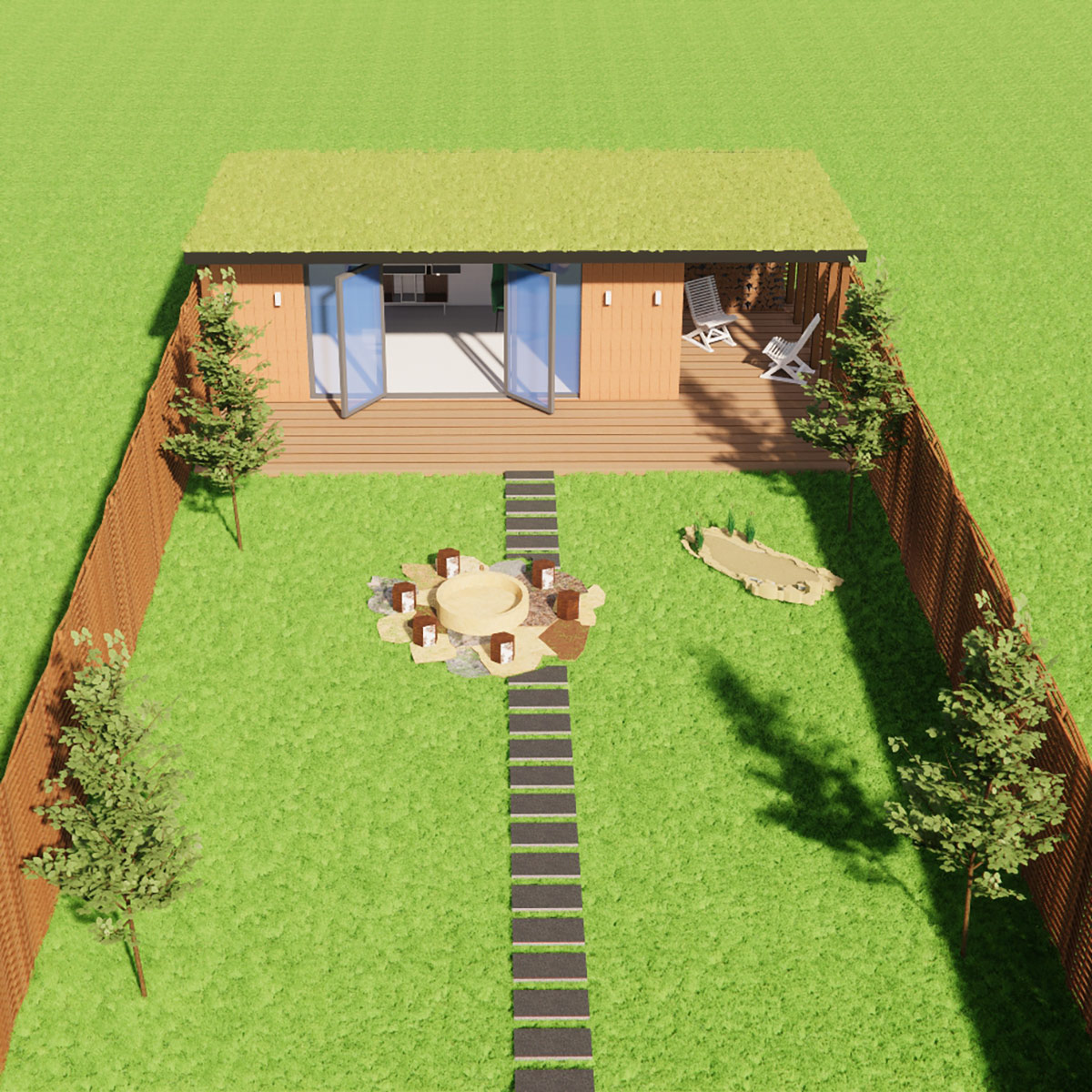 Bespoke summerhouse garden room with green roof visualisation