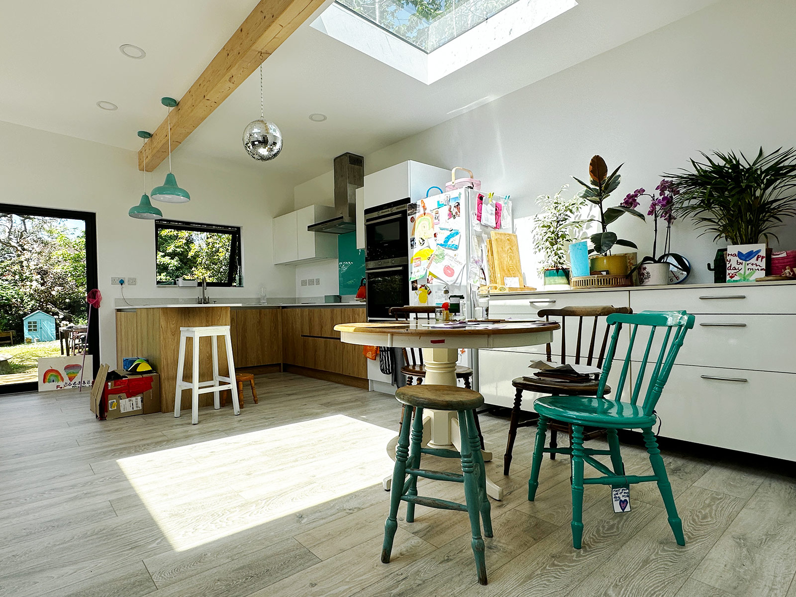 Open-plan kitchen inside bespoke mobile home