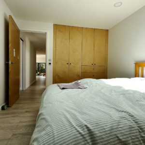 Bedroom area with built-in wardrobes for designer mobile home