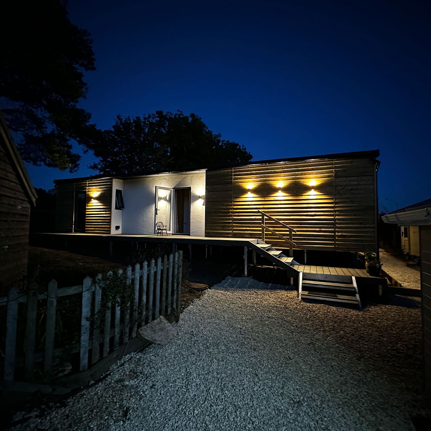Stunning designer mobile home at night