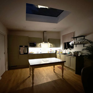 Mobile home kitchen area with skylight