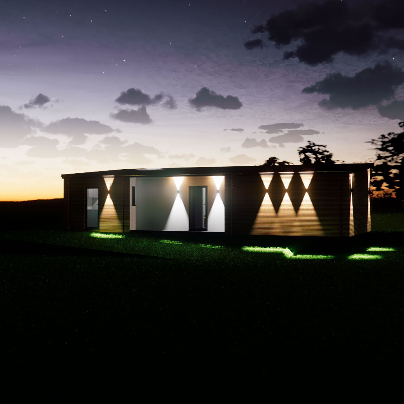 Designer garden annexe visualisation at night