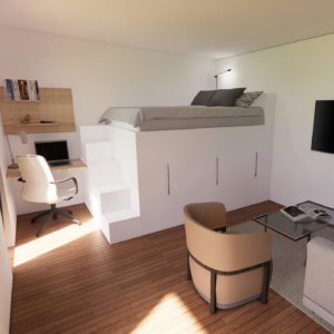 Interior design of mobile home with bed and desk 3.9m by 6.2m