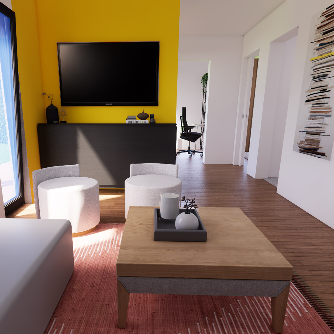 Interior visualisation of living room area for 6.2m by 8.6m live-in garden home