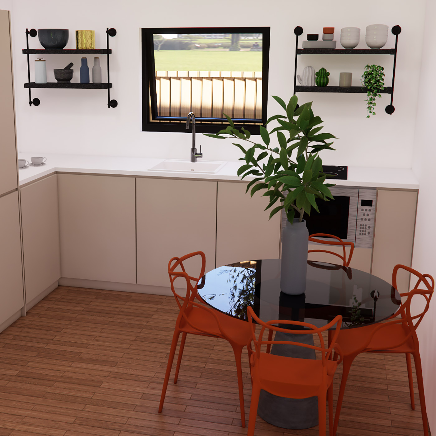 Kitchen and dining table visualisation for 6.2m by 8.6m mobile home